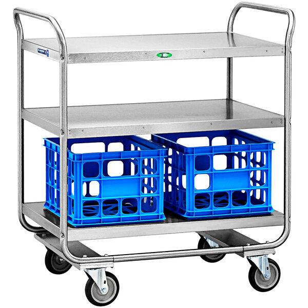 A Lakeside stainless steel transport cart with two blue plastic crates on it.