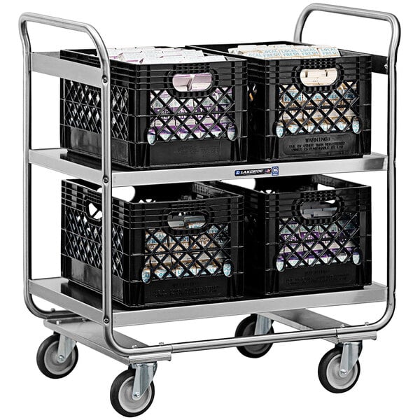 A Lakeside stainless steel transport cart with black plastic crates on it.