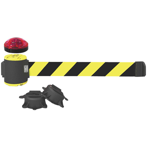 A yellow and black Banner Stakes wall mount belt with a red light.