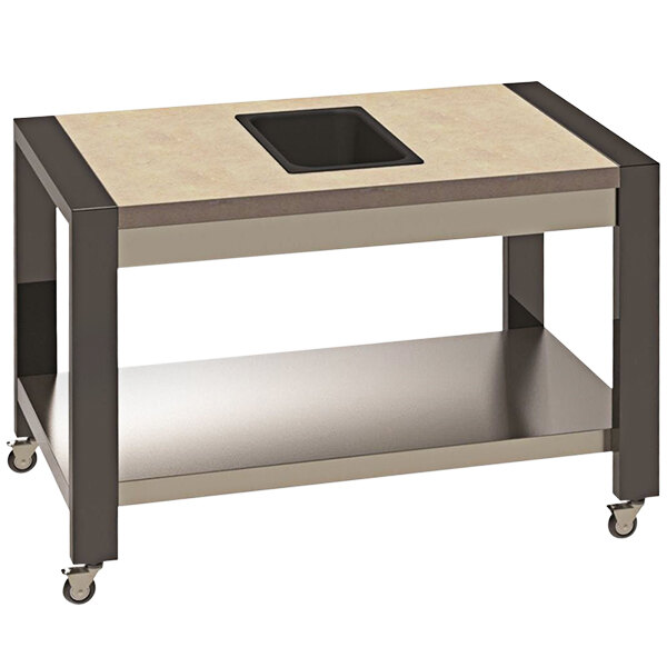 A rectangular beige and black laminate dining table with a square hole in the center.