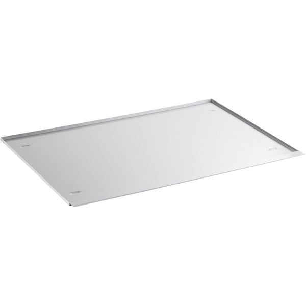 A rectangular stainless steel tray with a metal frame.