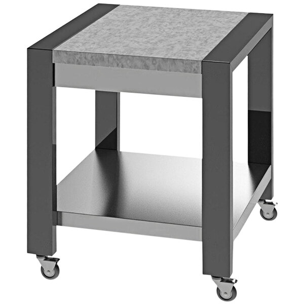 A gray and silver Lakeside mobile serving table with wheels.