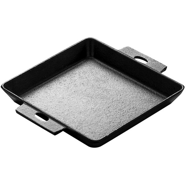 An American Metalcraft pre-seasoned black cast iron square casserole dish with two handles.