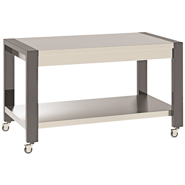 A white and stainless steel Lakeside mobile serving table with wheels.