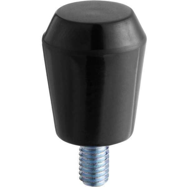 An Avantco black plastic handle with a blue screw.
