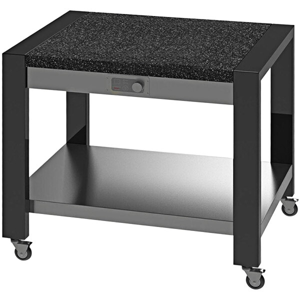 A black and silver Lakeside mobile serving table with wheels.