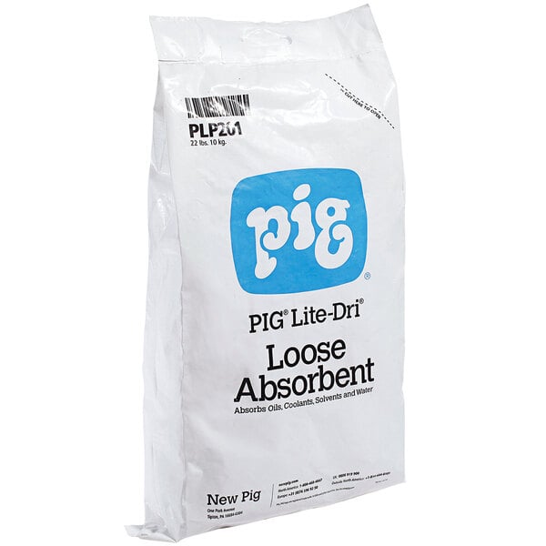 A white bag with blue and black text for New Pig Lite-Dri loose absorbent.