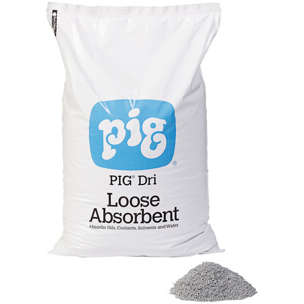 A white bag of New Pig Loose Absorbent with blue text.