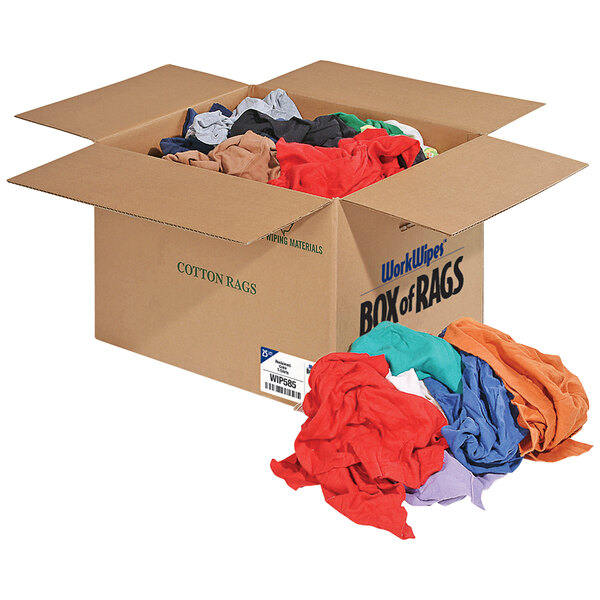 A cardboard box filled with New Pig reclaimed colored T-shirt rags.