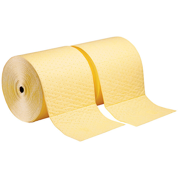 Two rolls of yellow New Pig heavy weight absorbent mats.