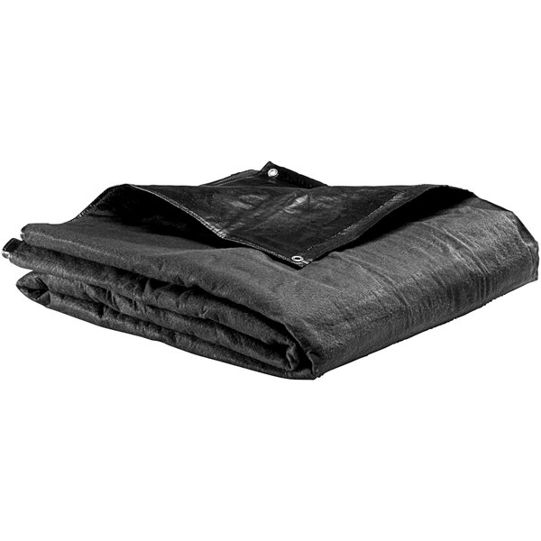 A black ground tarp with white lettering folded up on a white background.