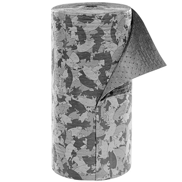 A roll of grey camouflage fabric with a black and white pattern.