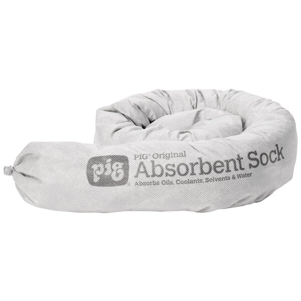 A bag of New Pig Original Absorbent Socks, a roll of grey fabric with the words "absorbent sock".