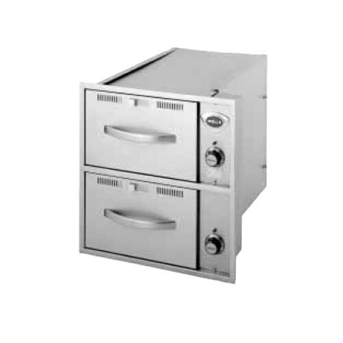 A Wells narrow built-in drawer warmer with two white drawers and handles.