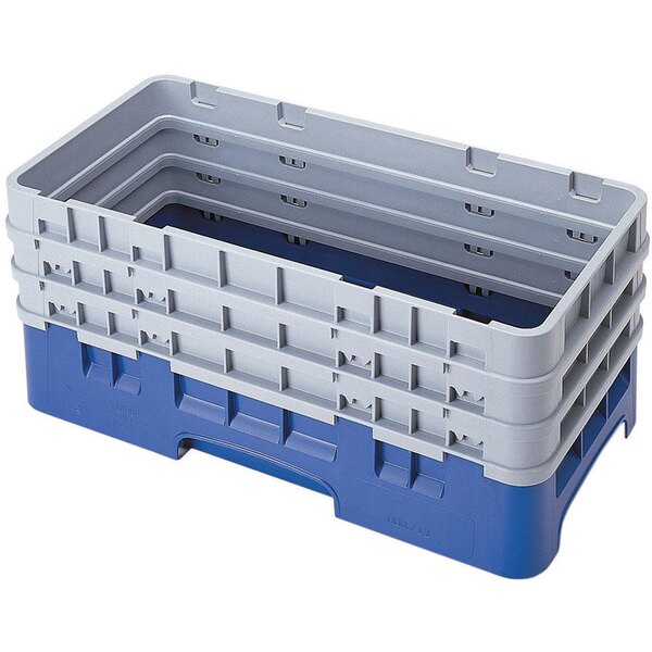 A navy blue and gray plastic Cambro Camrack with 3 open bases.