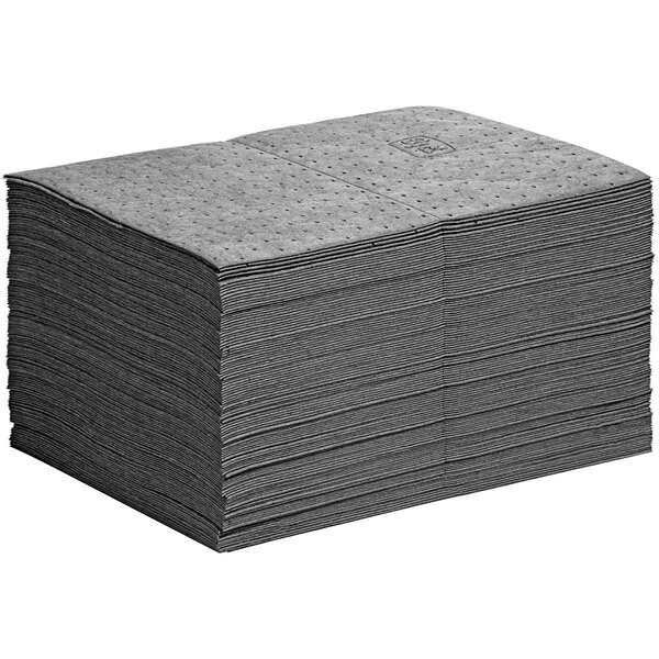 A stack of gray New Pig absorbent mat pads.