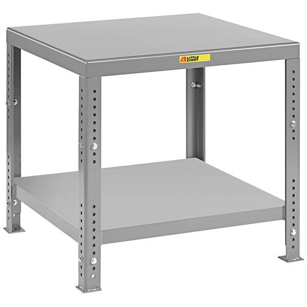 A grey steel Little Giant machine table with a shelf on top.