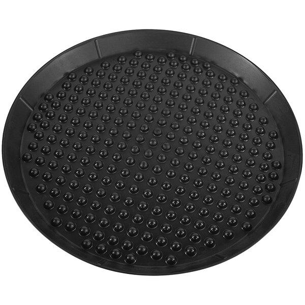 A black round HS Inc. Pizza Pleezer tray with small holes.