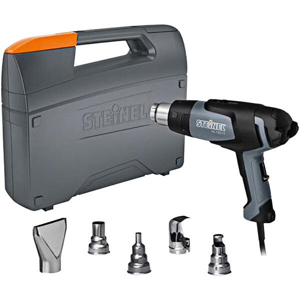 A grey and orange Steinel industrial tool box with a HL 1920 E heat gun and nozzles.