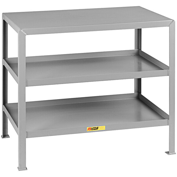 A gray metal Little Giant machine table with three shelves.