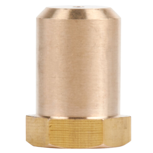 A close-up of a brass threaded burner orifice with a brass nut.