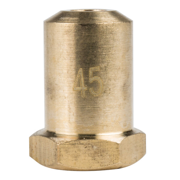A gold metal cylinder with a hexagon-shaped brass nut with the number 45 on it.