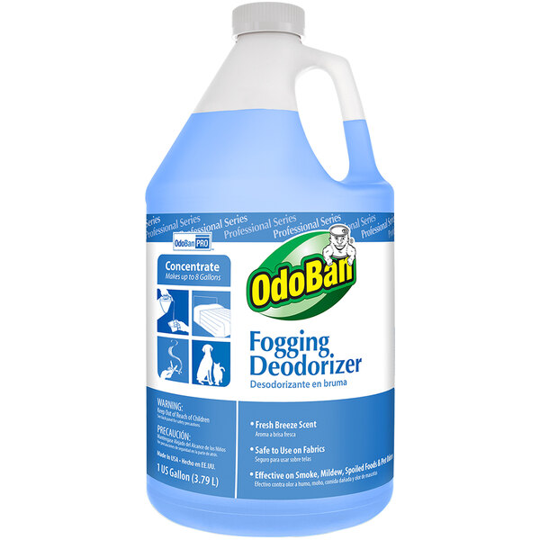 A blue jug of OdoBan fogging deodorizer with a white label.