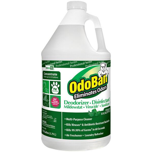 A white jug of OdoBan Concentrated Eucalyptus Disinfectant with a green and white label.