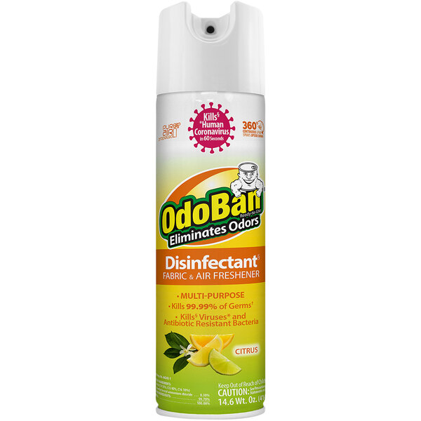 A close-up of an OdoBan Citrus Aerosol Disinfectant and Air Freshener can.
