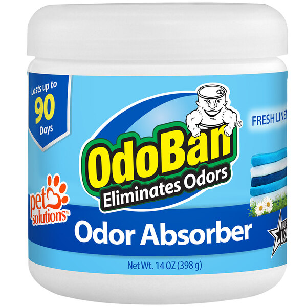 A white OdoBan container with a blue label for Fresh Linen scent.