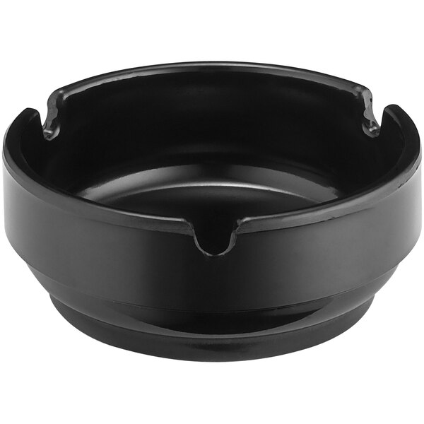 A Tablecraft black ashtray with a lid on a counter.