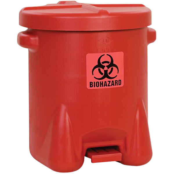 A red Eagle Manufacturing biohazardous waste can with a black biohazard symbol.