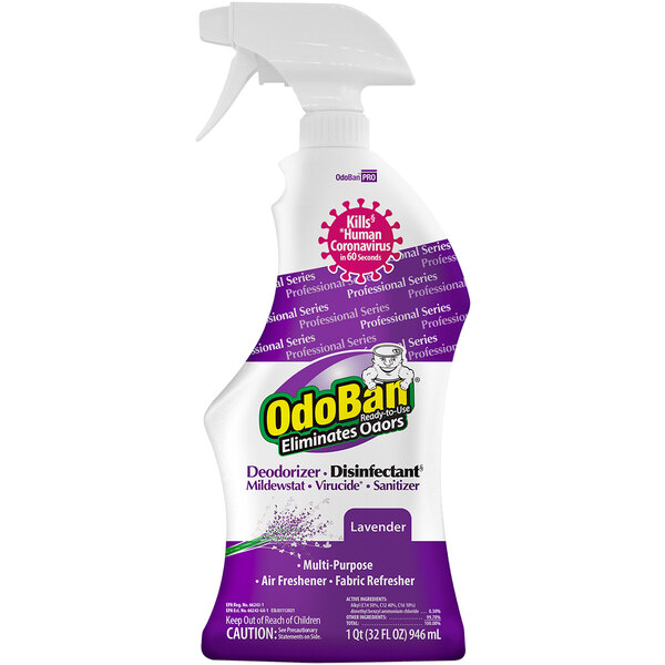 A white and purple spray bottle of OdoBan lavender disinfectant with purple text.
