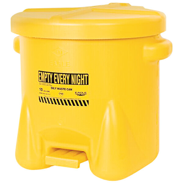 A yellow Eagle Manufacturing 10 gallon oily waste can with a triangular lid.