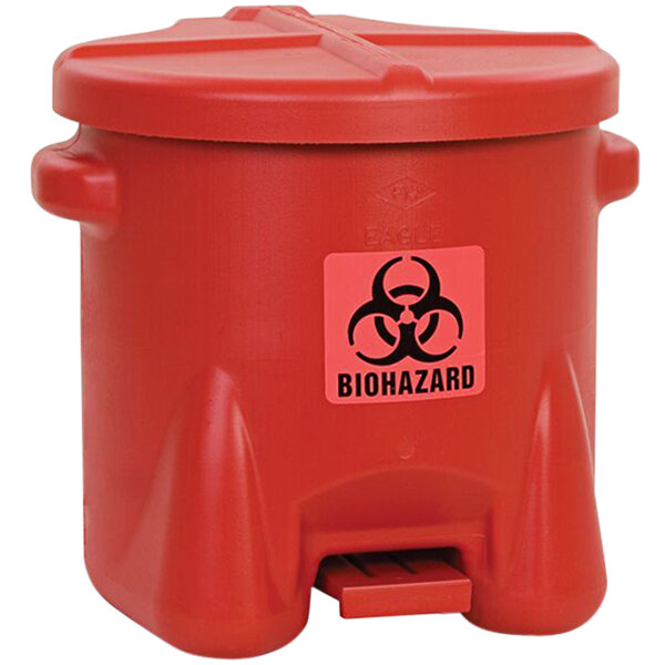 A red Eagle Manufacturing biohazard waste can with a black biohazard symbol.
