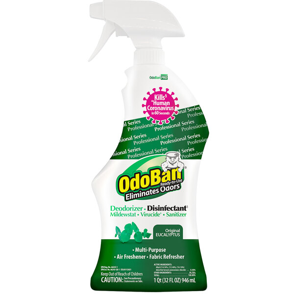 A white spray bottle of OdoBan Eucalyptus Disinfectant Fabric / Air Freshener with green and white text.