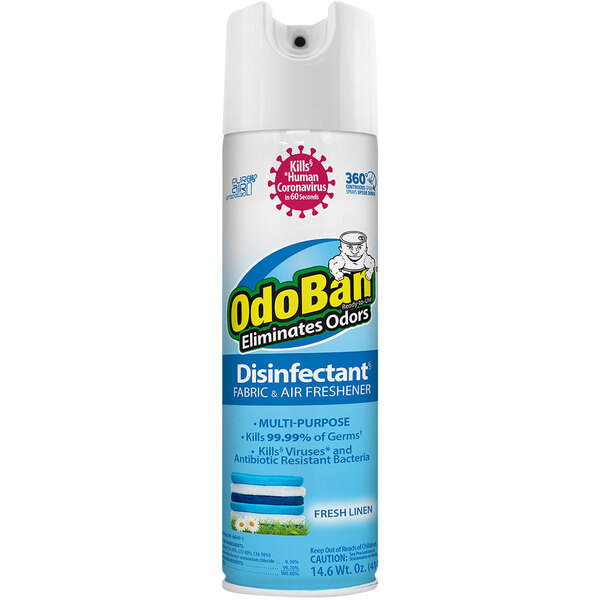 A close up of a can of OdoBan Fresh Linen aerosol disinfectant and air freshener.