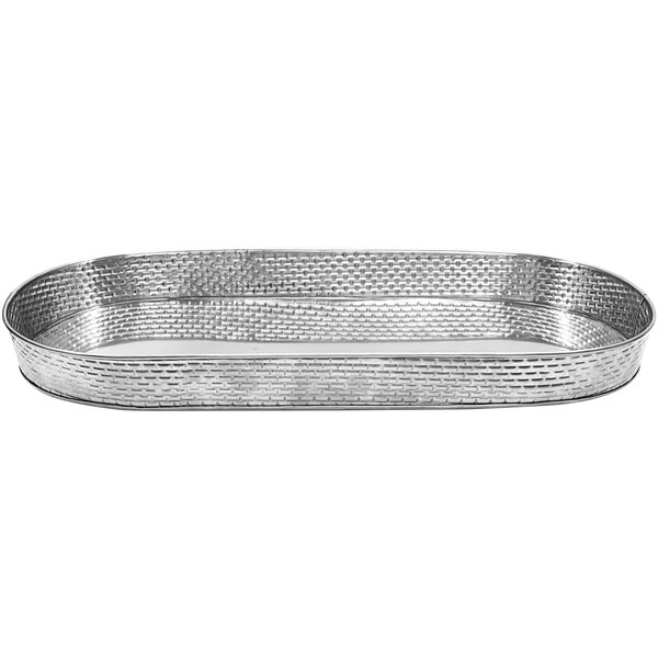 A silver metal oval Tablecraft accessory tray with a patterned design.