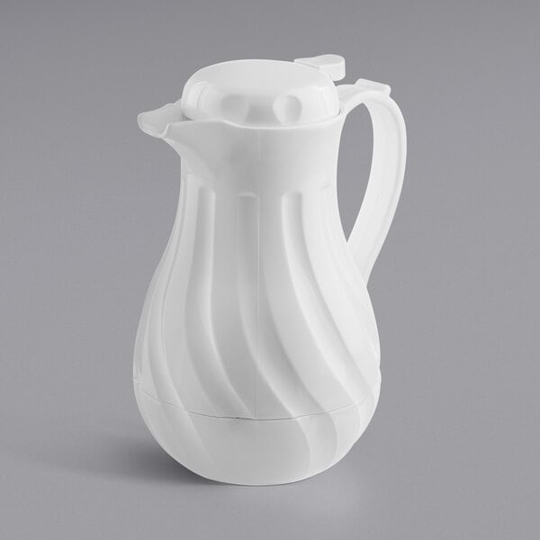 A Tablecraft white insulated carafe with a lid and handle.