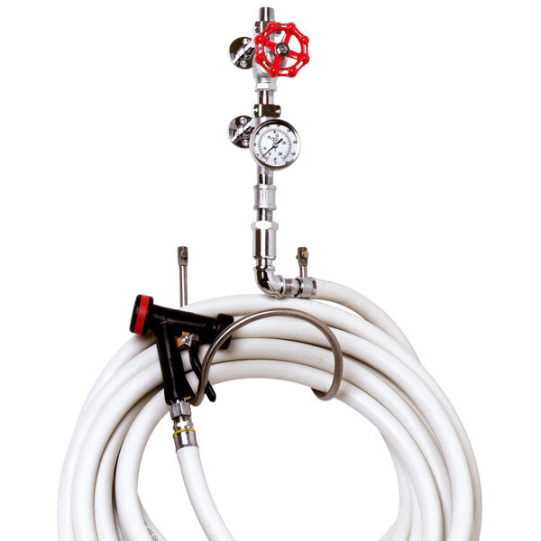 A T&S white washdown hose with a red valve.
