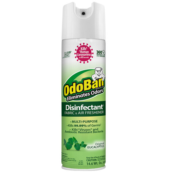 A close up of a can of OdoBan Eucalyptus Aerosol Disinfectant Fabric and Air Freshener.