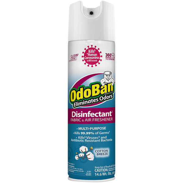 A close up of a can of OdoBan Cotton Breeze aerosol disinfectant and air freshener.