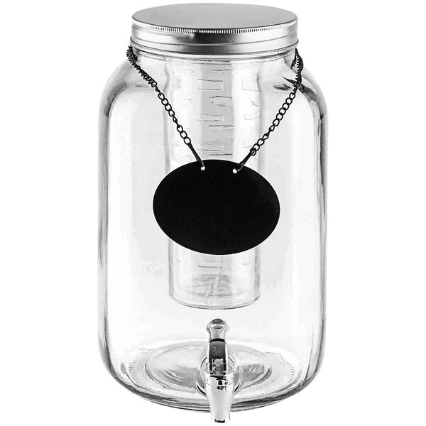A Tablecraft glass jar beverage dispenser with a metal lid and spigot.
