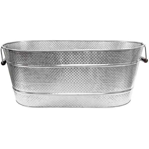 A Tablecraft stainless steel beverage tub with wooden handles.