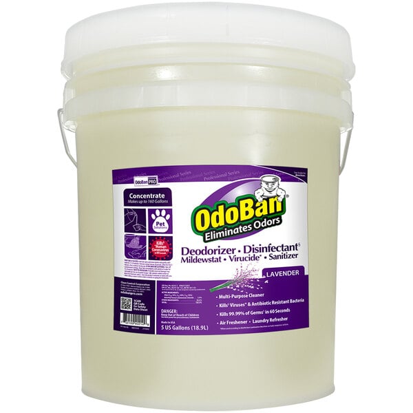 A 5 gallon container of OdoBan Lavender Disinfectant / Air Freshener with a purple and yellow logo.