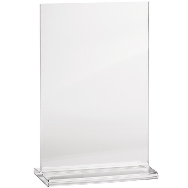 A clear acrylic Tablecraft table tent stand with a white rectangular sign holder.