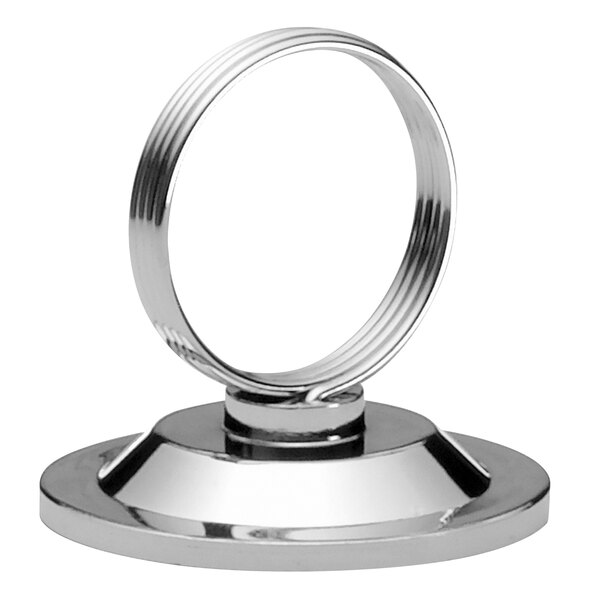 A Tablecraft nickel plated metal ring on a stand.