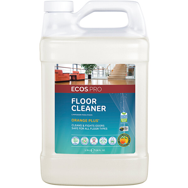 A white plastic ECOS Pro container of orange scented floor cleaner with a label.