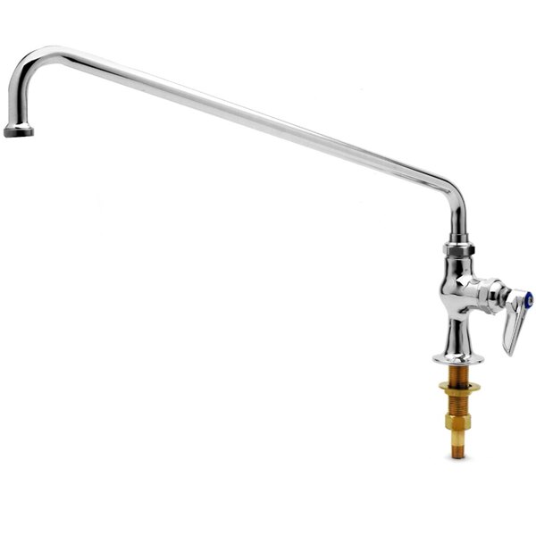 A chrome deck-mounted pantry faucet with a long curved neck.