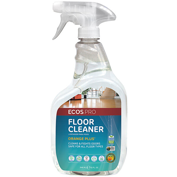 A clear spray bottle of ECOS orange scented floor cleaner.
